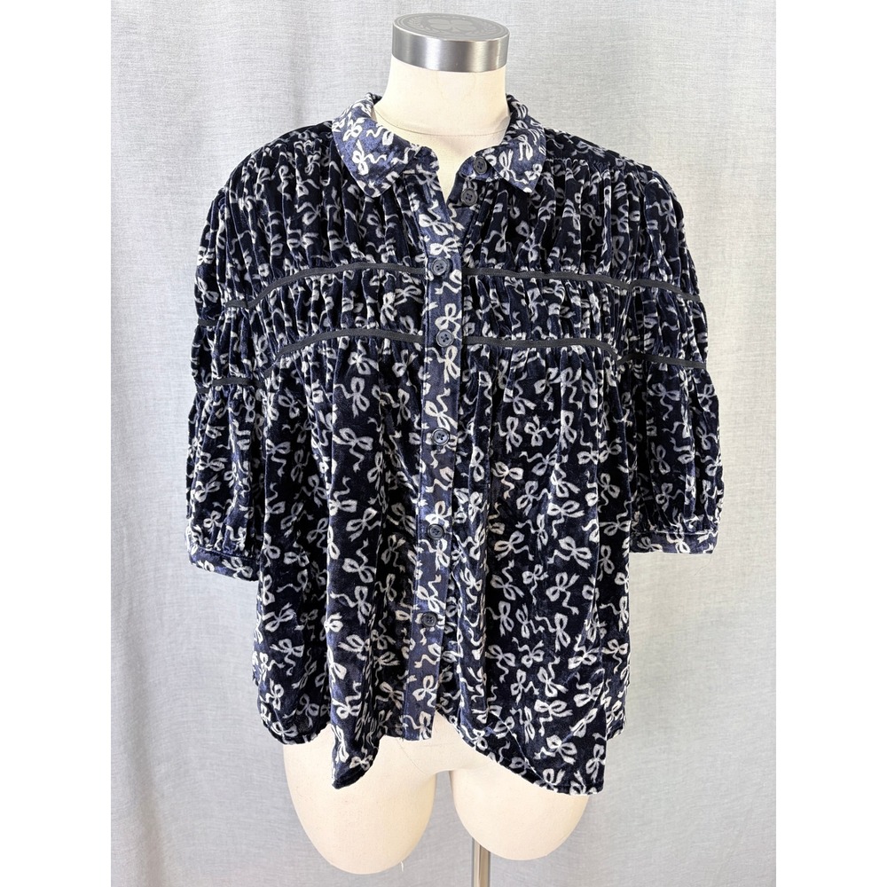 Maeve Leandra Navy Velvet Bow Print Shirred Babydoll Blouse XL
